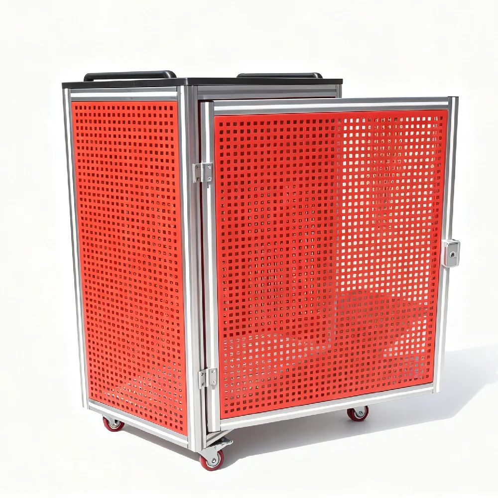 Mobile Cabinet,China Custom Industrial 3030 Aluminum Profile Perforated Red Mesh Mobile Storage Cabinet With Lockable Door & Bra