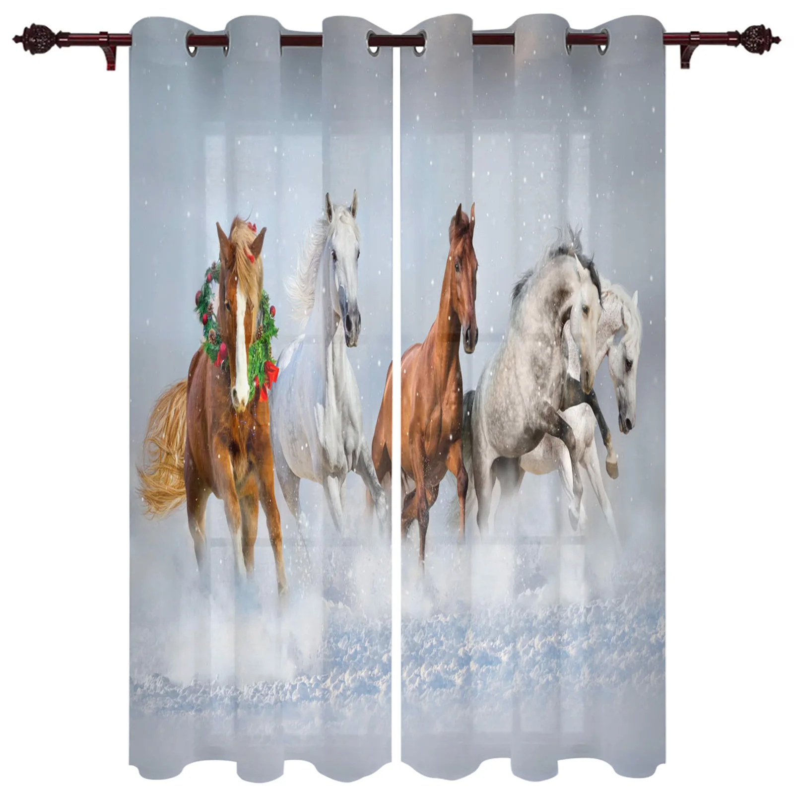 Horse Running Snowfield Kitchen Curtain Kids Bedroom Living Room Balcony French Windows Curtain Fabric Pergola Bathroom