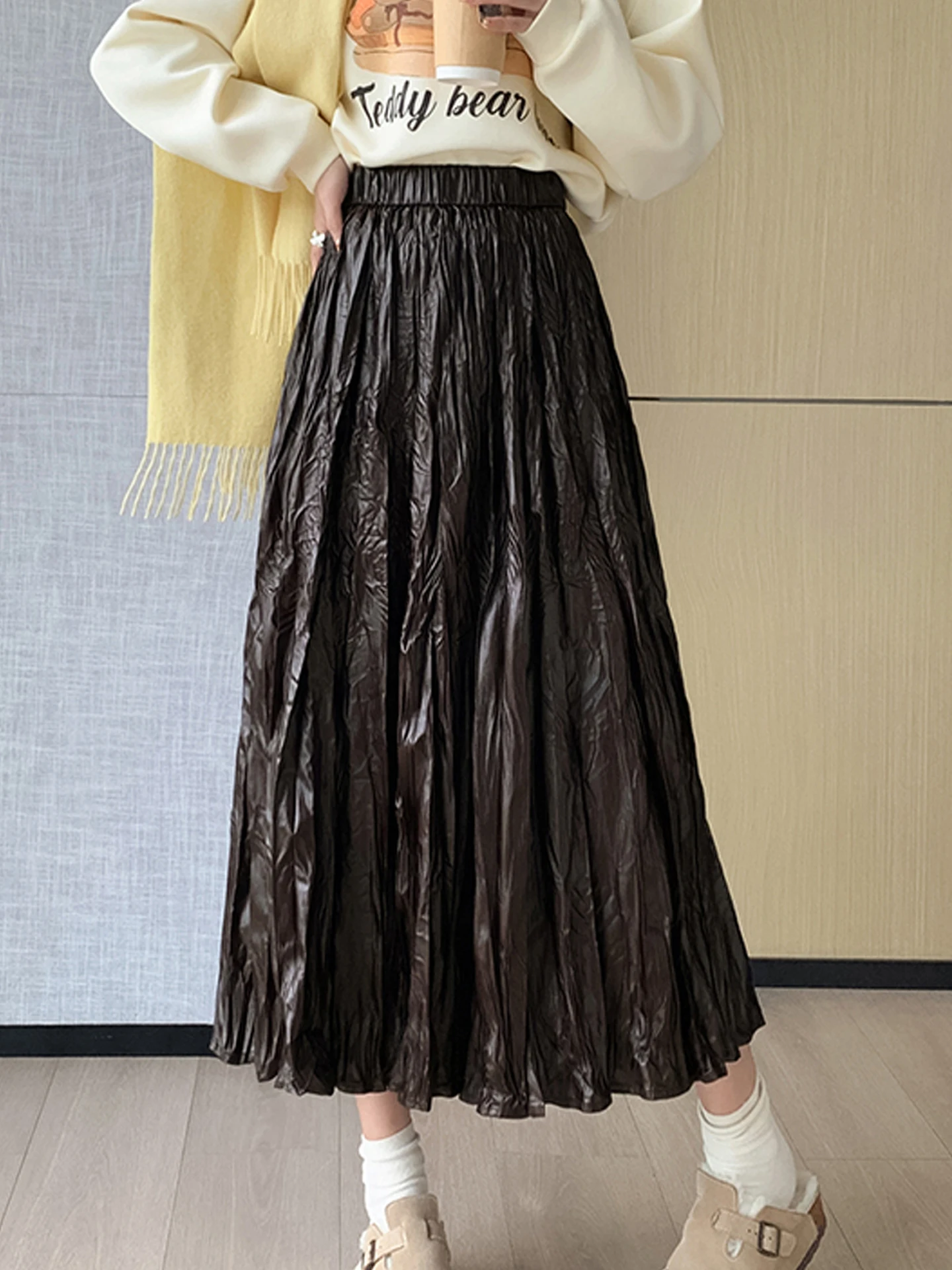 

Женская винтажная плиссированная юбка из искусственной кожи с высокой талией, облегающая юбка-миди трапециевидной формы, зима-осень, повседневная