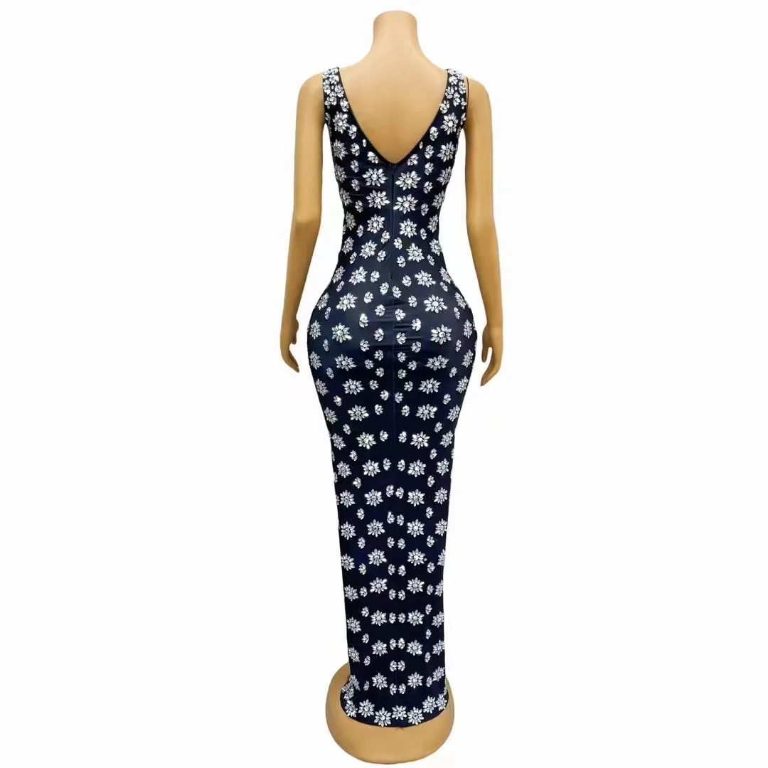Sexy Stage Silver Rhinestones Birthday Celebrate Sleeveless Black Dress Outfit Party Dance Gowns Collections Photoshoot Costume