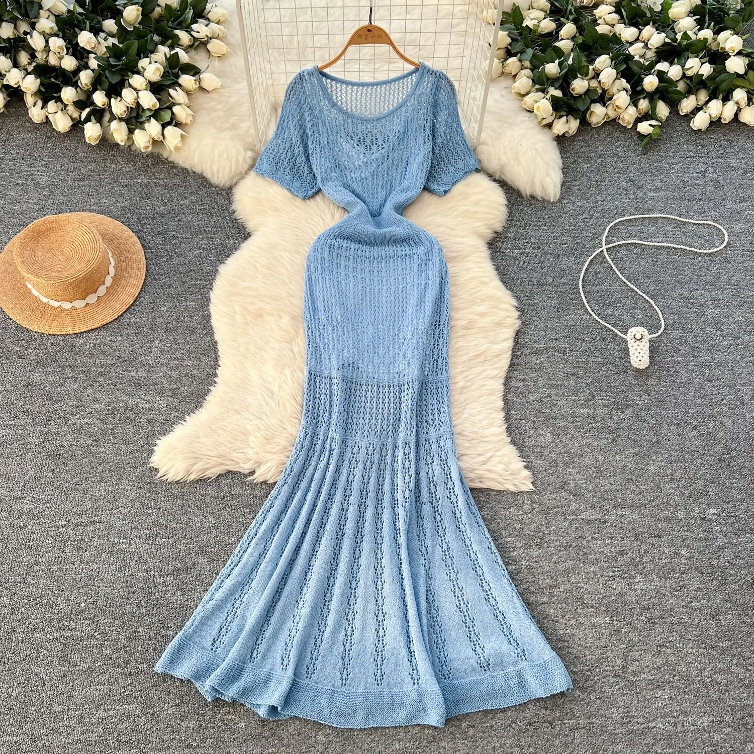 

Two Piece Sets Women Dress Set Sling Round Neck Short Sleeve Long Dresses Hollowed Out A Line Casual Elegant High Waist Vestidos