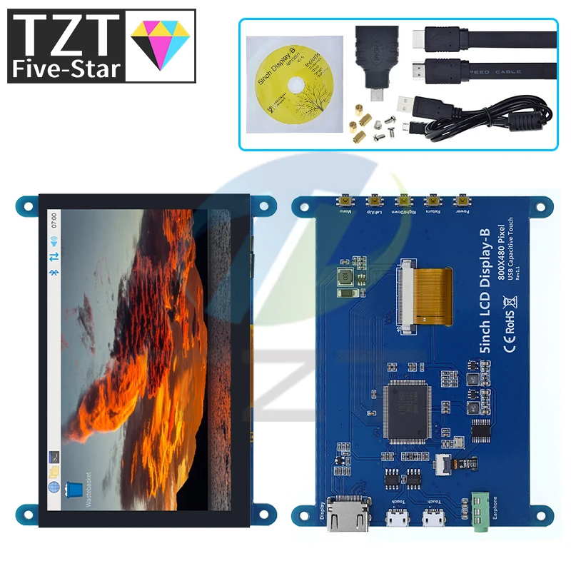 TZT 5 Inch Portable Monitor HDMI 800 x 480 Capacitive Touch Screen LCD Display For Raspberry Pi 4 3B+/ PC/Banana Pi / ESP32