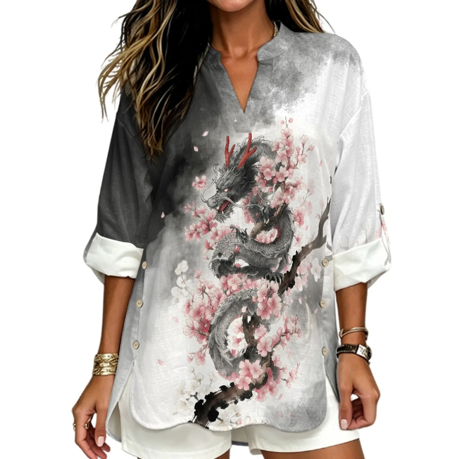 PENSTROLL Comfortable Linen Like V Neck Shirts Roll Up Design Dressy Casual Blouses for Summer Coastal Trips Bamboo Print