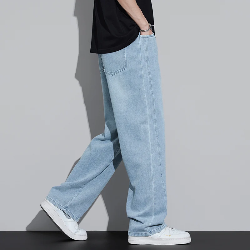 Vintage Trendy Baggy Jeans Men's Streetwear Elastic Waist Straight Loose Wide-leg Pants Washed Casual Oversize Denim Trousers