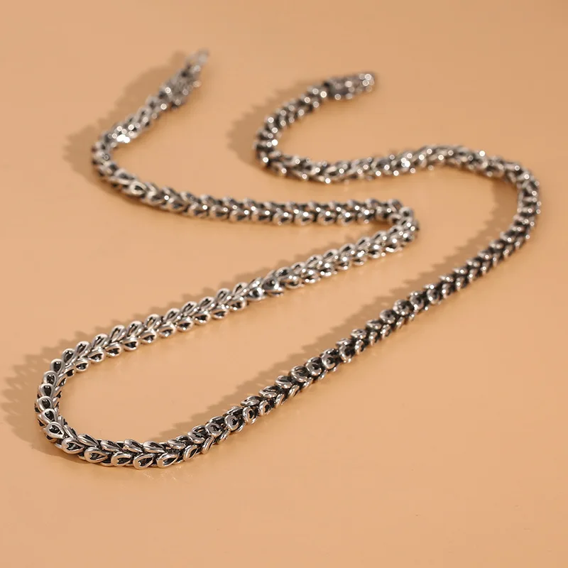 

S925 Thai Silver Fried Dough Twists Necklace Wholesale Vintage Ethnic Style Woven Twisted Strand Silver Chain Hegemony