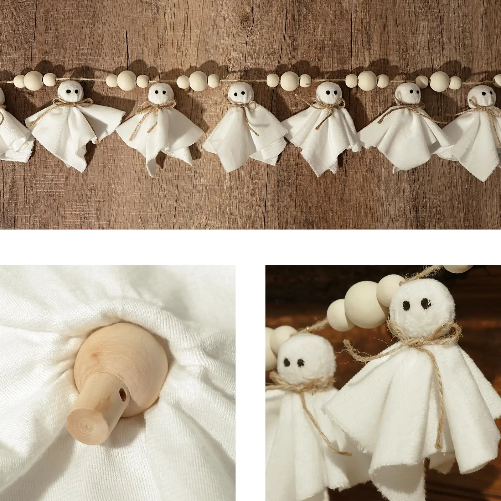 Niedliche Halloween-Geistergirlande, Vintage Rustikale Handgemachte Geister-Ornamente mit Holzperlen, Innendekoration für Wand und Kamin – Detail 5