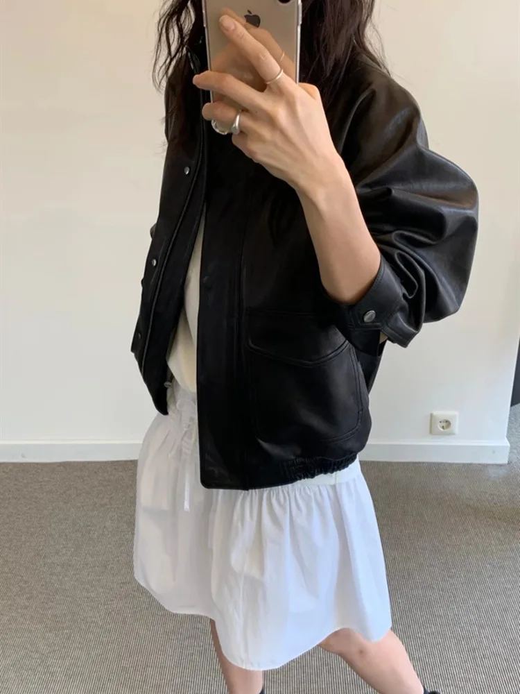 Dongdaemun 2025, Frühjahr Neue Sle Nw*o Stehkragen Bla Leder Jaet High Sense Retro Mantel frauen Lose fit Lange Sve