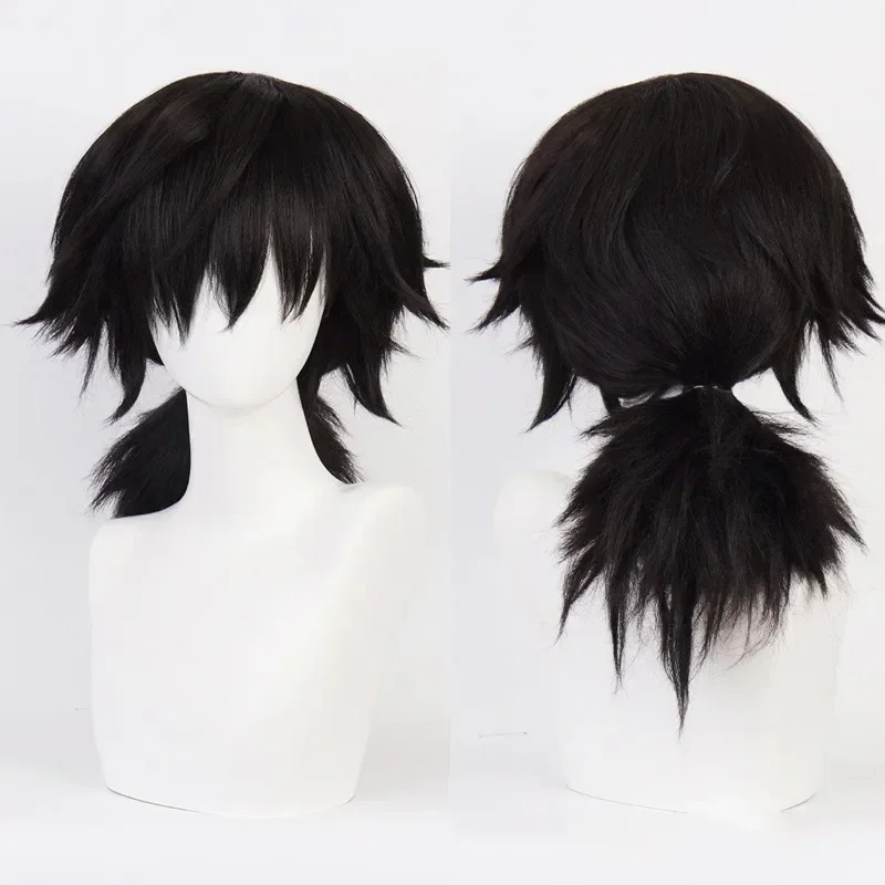 Anime Tomioka Giyuu Cosplay Wig Long Black Ponytail Shaggy Layered Styling Wig Heat Resistant Synthetic Wigs Halloween