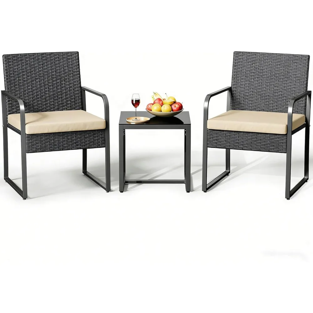 

3 Pieces Patio Bistro Sets, Outdoor Rattan Conversation with Glass Table, Wicker Furniture Set with Cushion