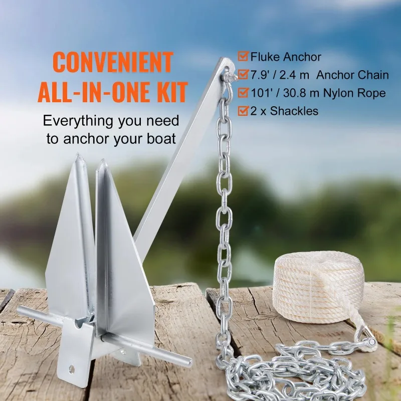 Fluke Style Anchor Kit, 13 LBS Hot-Dipped Galvanized Steel Fluke Anchor with 7.9' Chain 101' Rope and Two 0.4