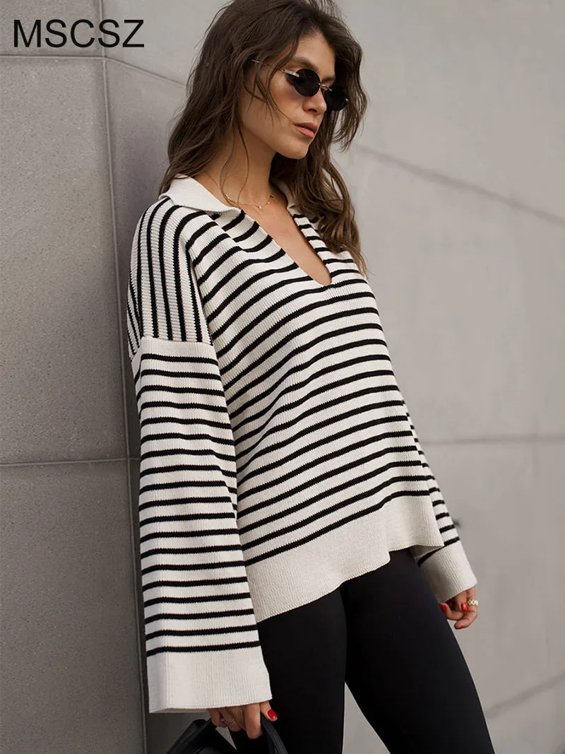 

MSCSZ White And Black Striped Sweater Woman V-Neck Pullover Sweater Autumn Winter Oversize Sweaters Y2K Harajuku