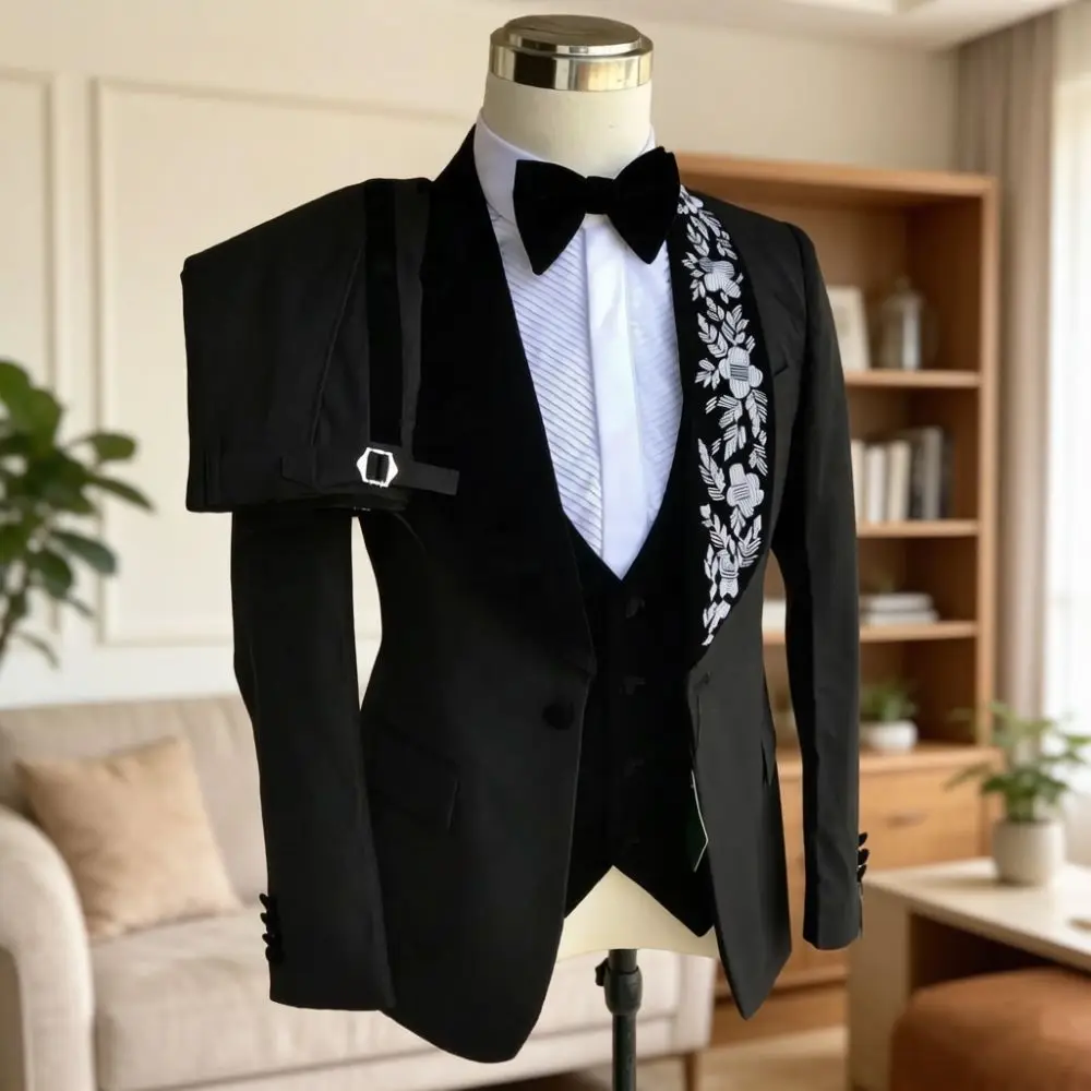Black Formal Suits for Men Slim Fit Suits Luxury Beaded Velvet Details Mix Match Glamorous Elegant Wedding Tuxedo for Birthday