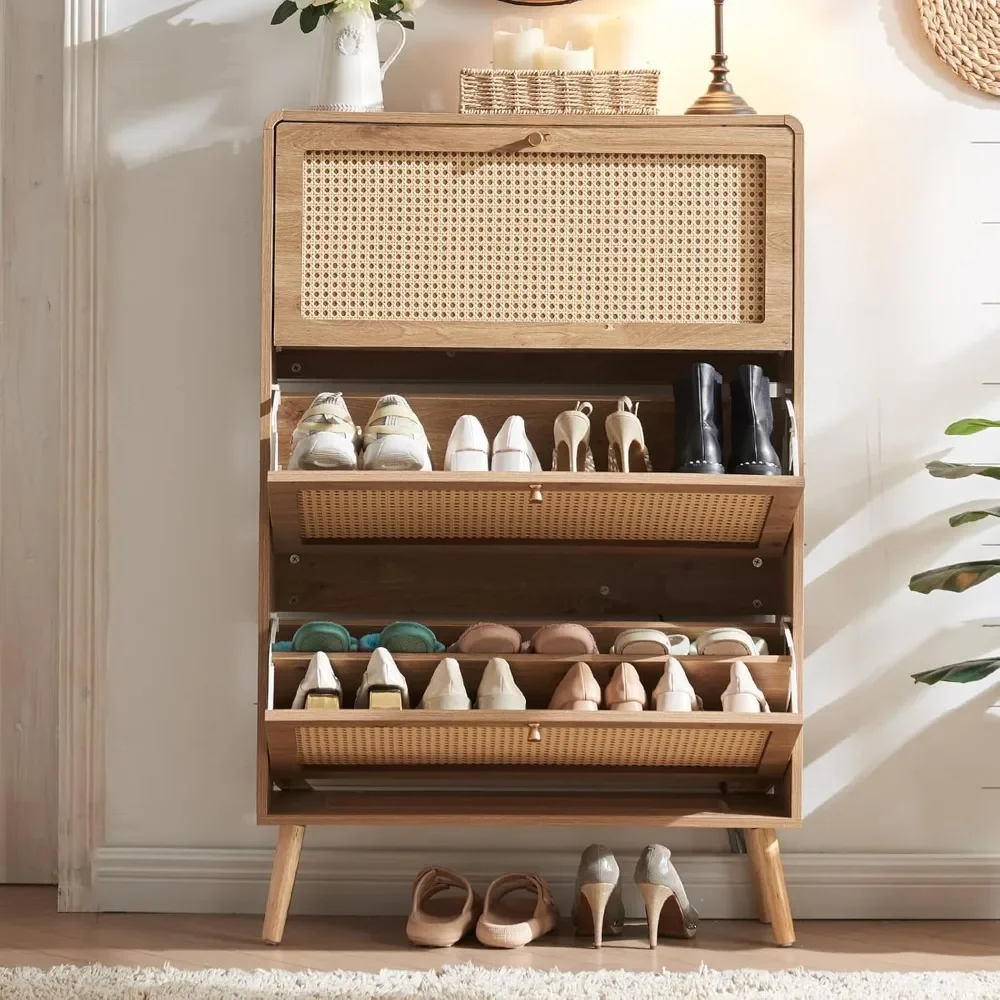 shoe rack, Rattan Shoe Cabinet with 3 Flip Drawers, 24 Pairs Shoe Storage Cabinet for Entryway Freestanding Hidden Shoes Rack