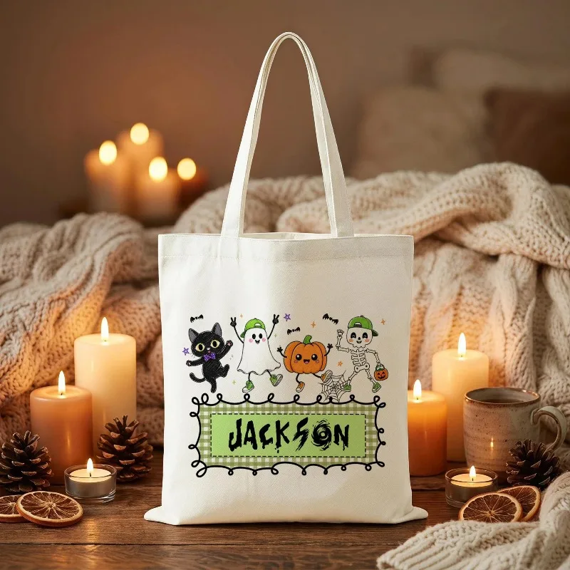Personalized Halloween Tote Bag Cute Ghost Pumpkin Skeleton Cat Trick or Treat Bag Custom Name Halloween Gift for Kids