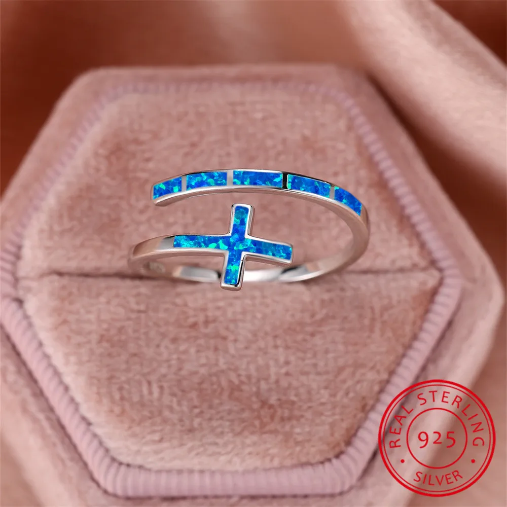 Classic Cross Blue Fire Opal Opening Rings For Women Real 925 Sterling Silver Wedding Band Jewelry