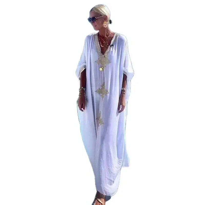 

Women V Neck Loose Bikini Cover-ups Elegant Embroidery Decoration Side Split Hem Beach Dresses Sun Protective Coverall Beachwear