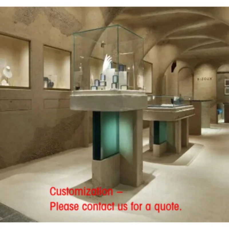 custom.Modern Luxury Rough Texture Tempered Freestanding Jewelry Showcase with LED Lighting Jewelry Shops and Malls