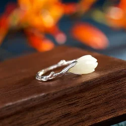 White Jade Flower Rings Talismans Women Real Luxury 925 Silver Carved Amulet Stone Natural Jewelry Gemstones Adjustable Ring