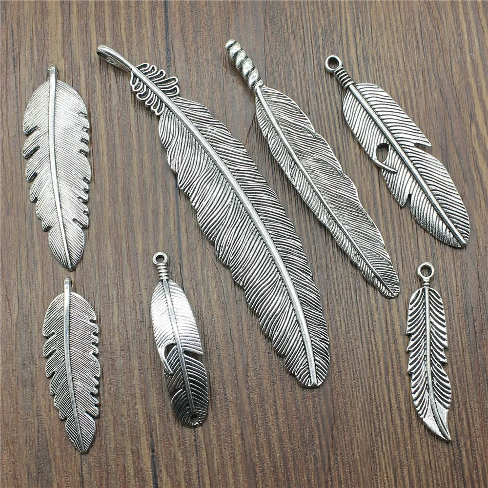 5 uds dijes de plumas Color plata antigua dijes de plumas grandes para hacer joyas dijes accesorios de joyería de plumas DIY
