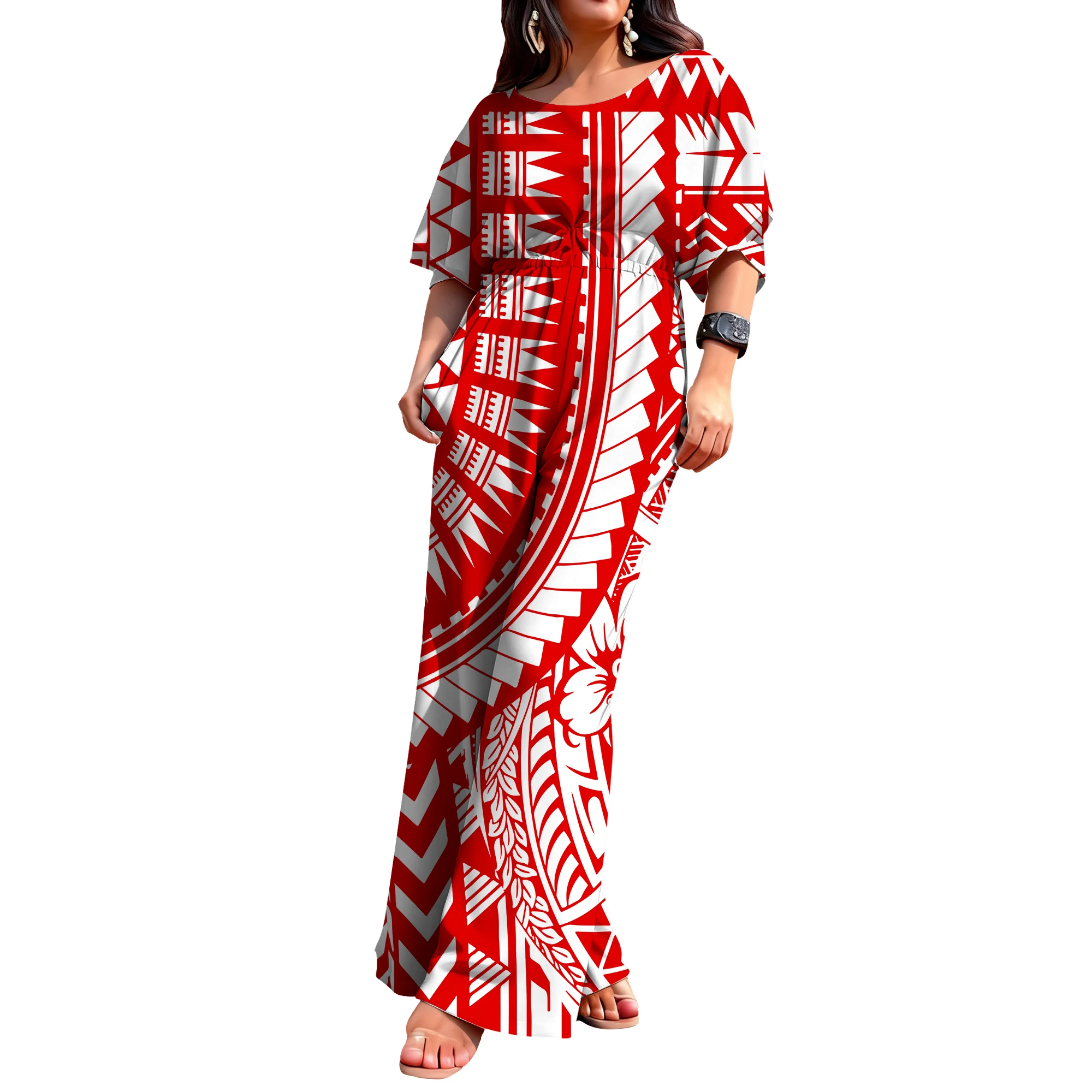 

Summer Slimming And Loose Polynesian Women'S Round-Neck Mid-Sleeved Waist-Cinching Jumpsuit With Tribal Design Custom Pattern