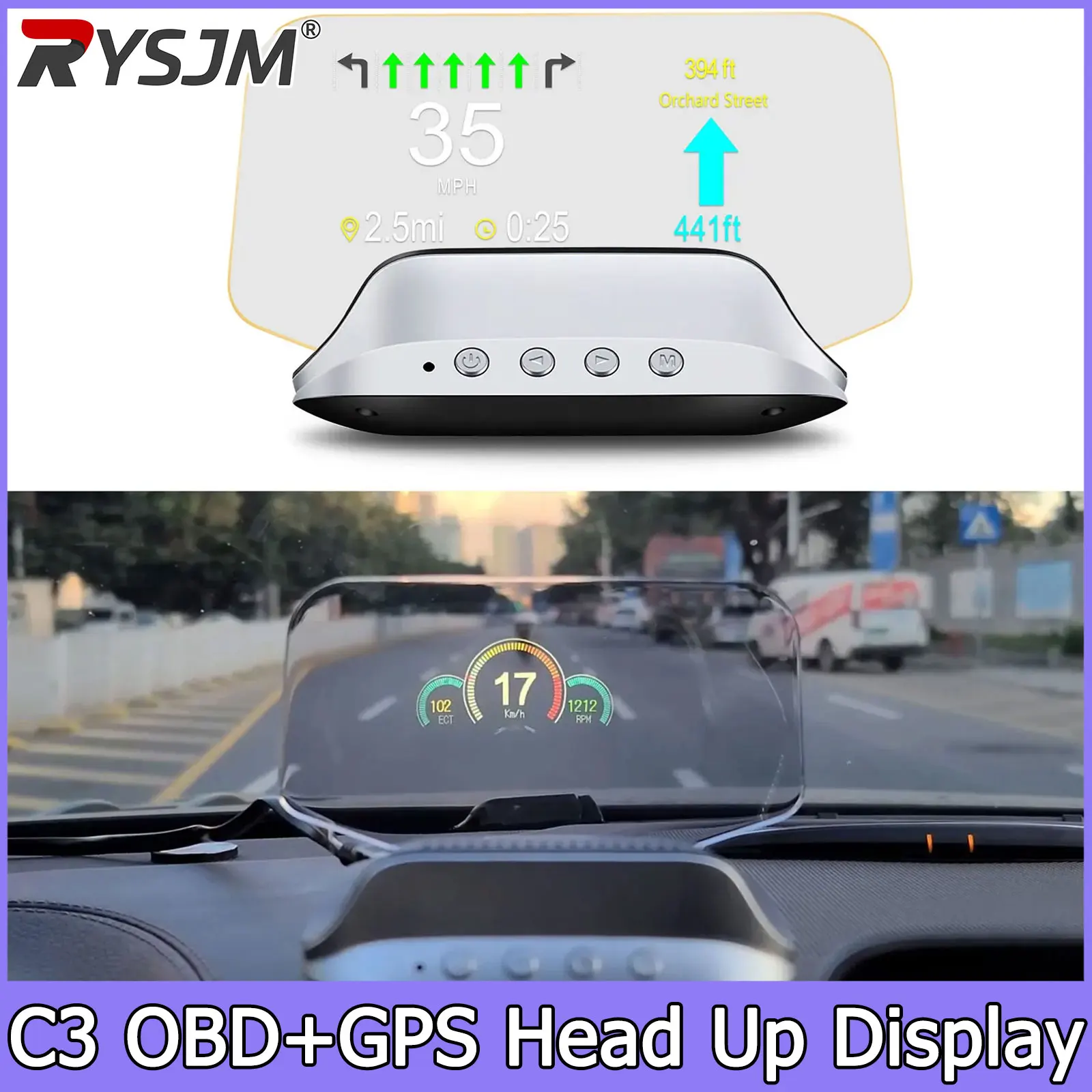 

C3 Navigation HUD Speedometer Mirror OBD2+GPS Dual Mode OBD2 Head Up Display GPS HUD Digital MPH KMH Water&Oil Temp RPM Voltage