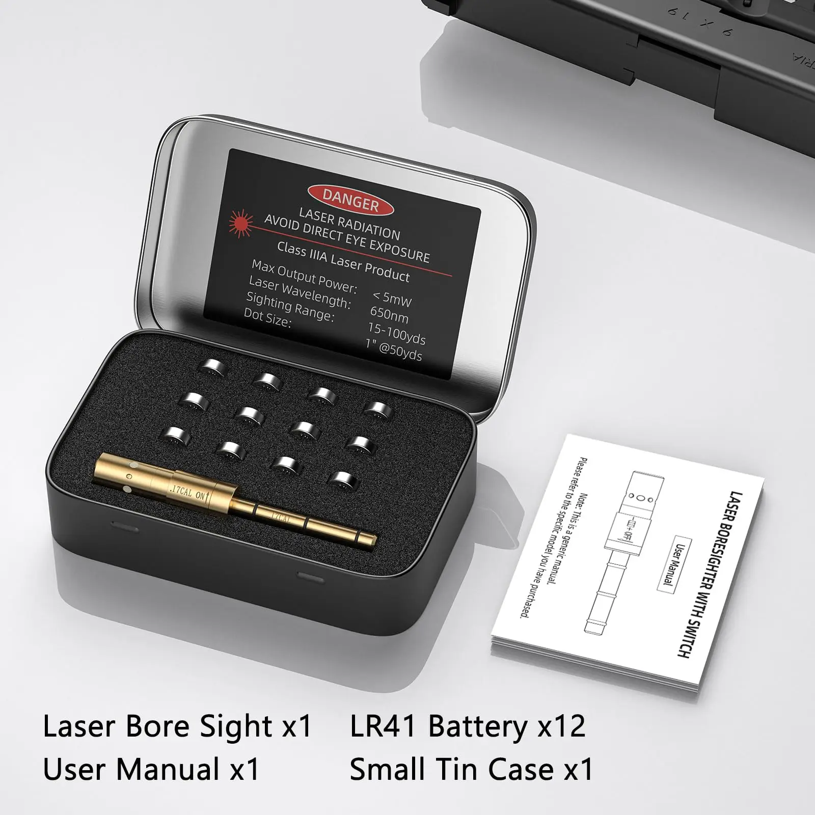 Red Laser Bore Sight For .17HMR/.177CAL  with ON/OFF Function End Barrel 4 Sets of Batteries and Spare O-Rings