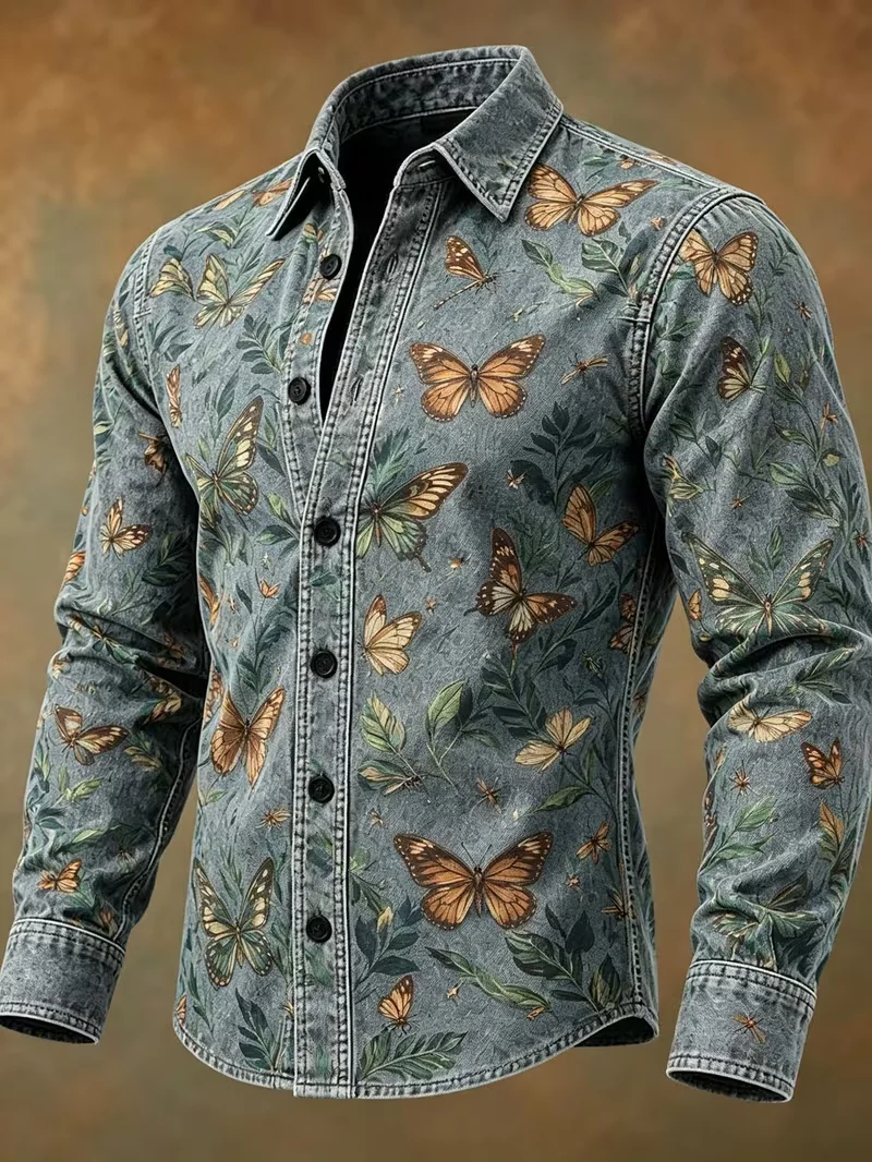 New cigarette ash vintage denim jungle butterfly print long sleeved shirt, retro natural men's workwear shirt