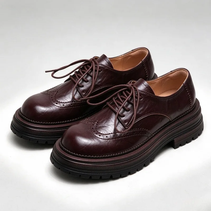 Mocasines de cuero genuino de estilo británico, con detalles de cordones y plataforma, diseño retro, calzado de marca para mujer, cómodos y casuales.