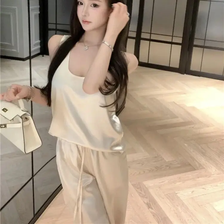 Simple temperament old money style satin vest top straight trousers suit Sleeveless Top and Pants Loose Slim Tops