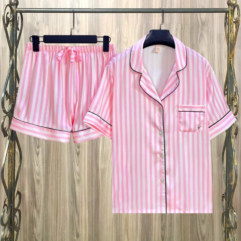 

2024 Summer Pijama Women's New Pink Stripe Small V Ice Silk Pajamas Women's Cardigan Home Wear Sweet Sleepwear Shorts Set