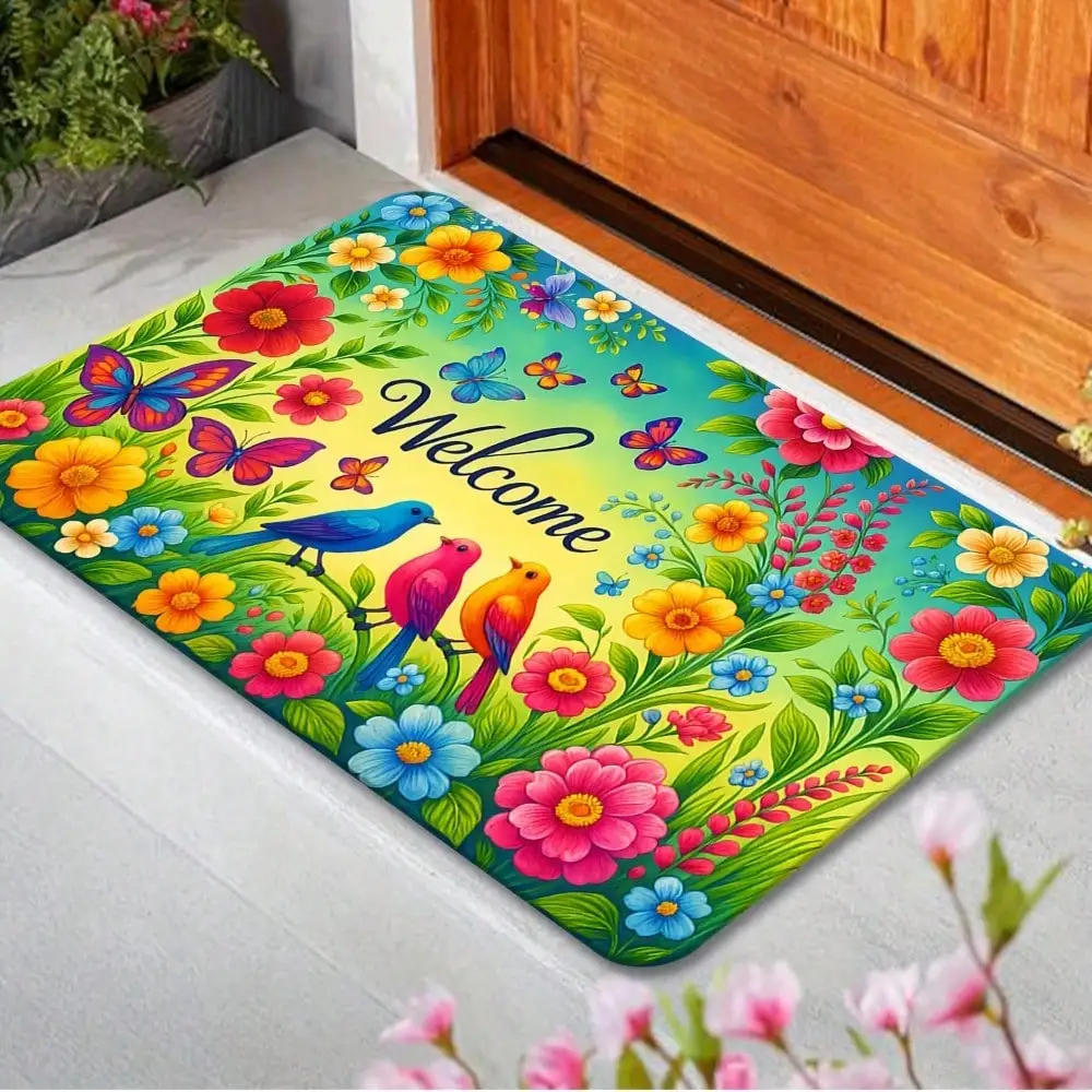 

1 Piece[Flannel Material+ Thickness] Colorful Pure Floral Butterfly Bird Welcome Doormat NonSlip Home Entrance Decorative Carpet