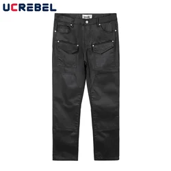 Multi-Pocket Motorcycle Jeans Mens High Street Spliced Loose Denim Pencil Pants Men Trousers