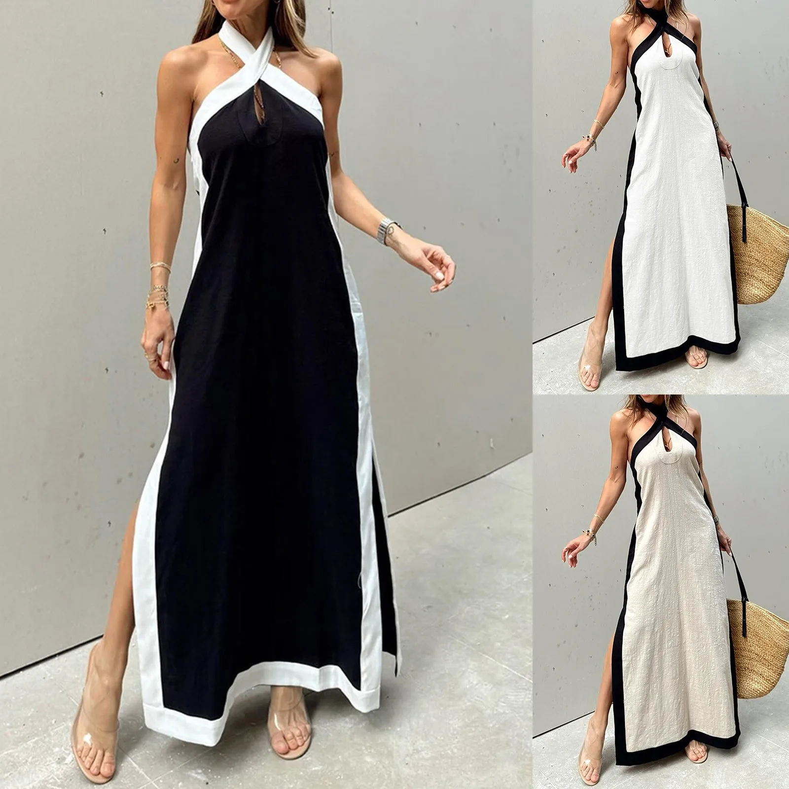 Women's Casual Dress Fashion Summer Casual Loose Hanging Neck Split Style Backless Summer Beach Sundress Vacation Vestidos