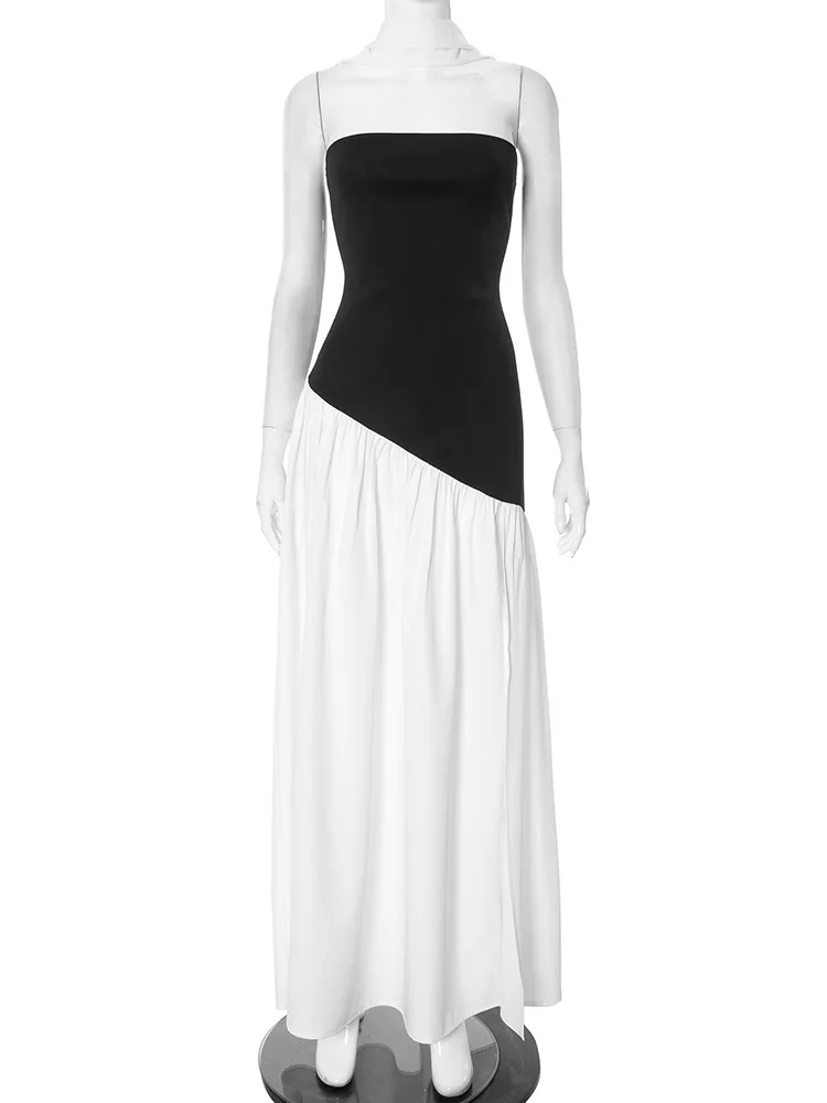 Irregular Color Patchwork Strapless Maxi Party Dress with Scarf Women Elegant Backless High Split Long Robe Casual Streetwear