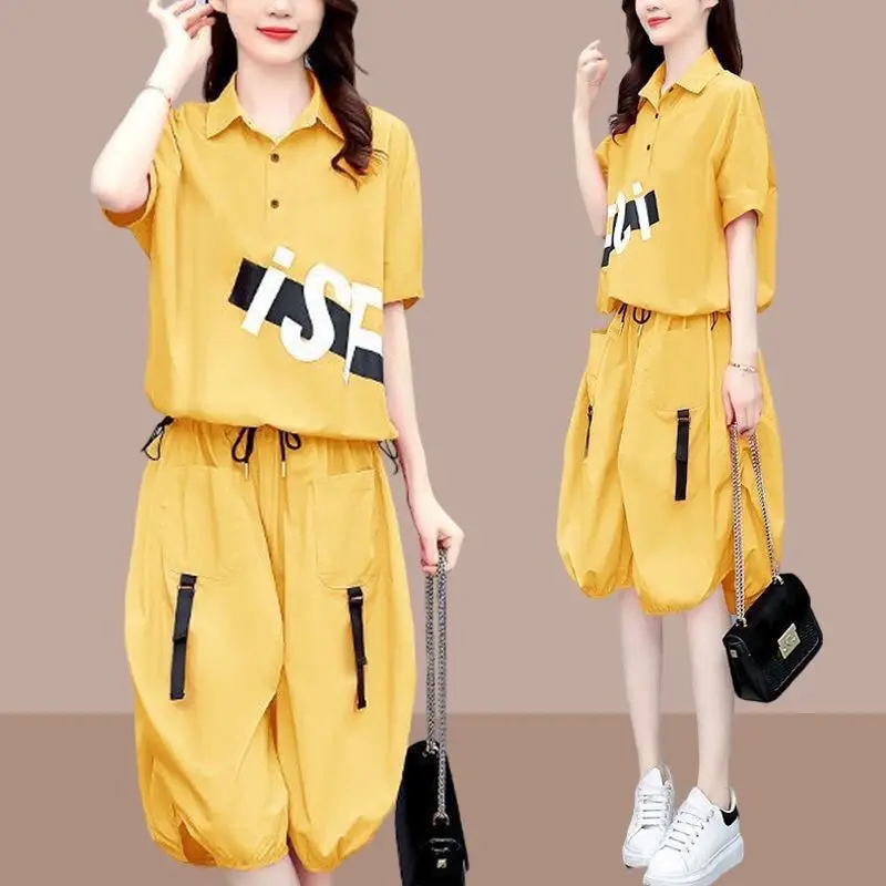 Fashion Two Piece Set Women\'s Printed Spliced Solid Color Knee Pants Sets Summer Loose Casual Polo-Neck T-shirt Female Clothing