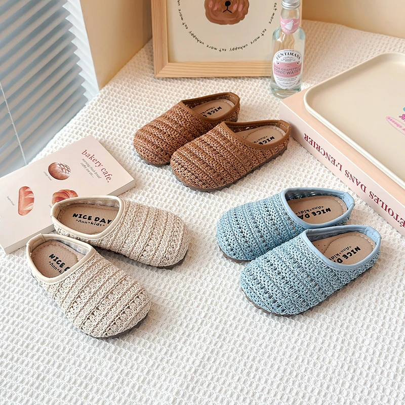 

Children Woven Sandals for Girls 2025 Summer New Fashion Korean Style Soft Bottom Anti-slippery Slippers Chic Breathable Shoes