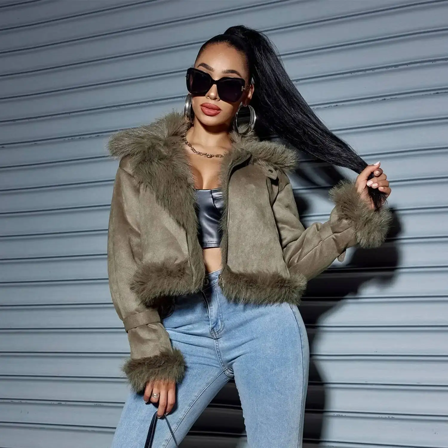 

New Suede Thicken To Keep Warm Short For Autumn/Winter, Women's Solid Color Patchwork Fur Collar Zipper Locomotive Jacket