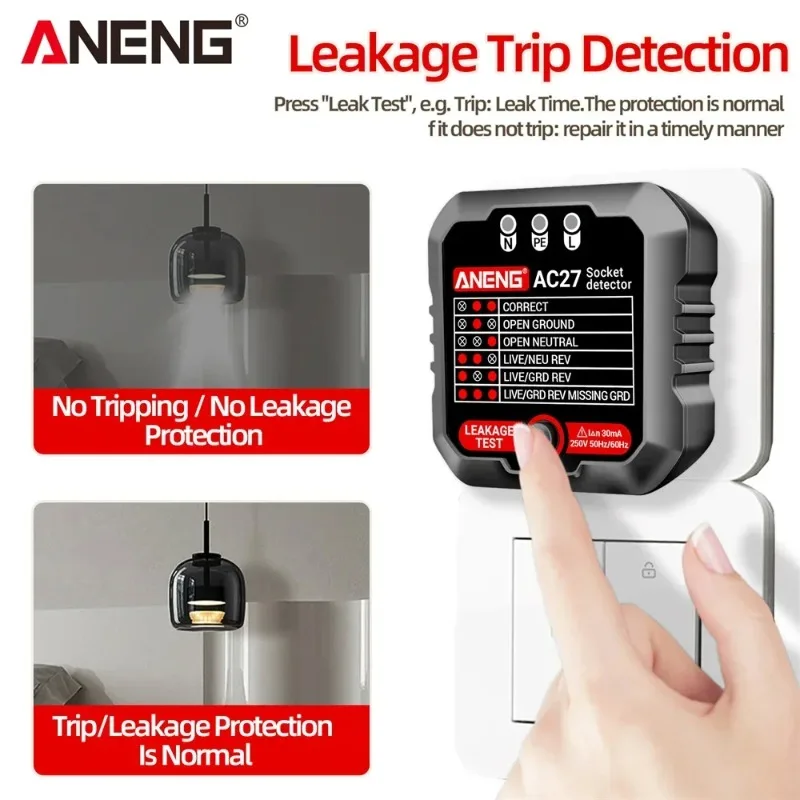 Socket Tester Voltage Test ANENG AC27 Socket Detector Ground Zero Line Polarity Phase Check Tool Circuit Checker  EU/US Plug