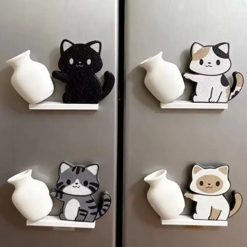 Acrylic Cat Whiskers Collection Ornaments Magnetic Cartoon Cat Refrigerator Sticker Cat Pushing Vase Decor for Home Decoration