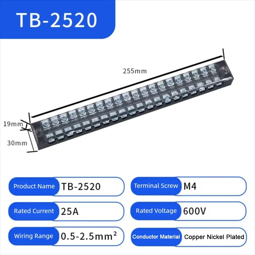 600V Screw Terminal Block 3-20 Positions Dual Row Design Dual Row Terminal Block 25A Current Rating Screw Clamp Connection