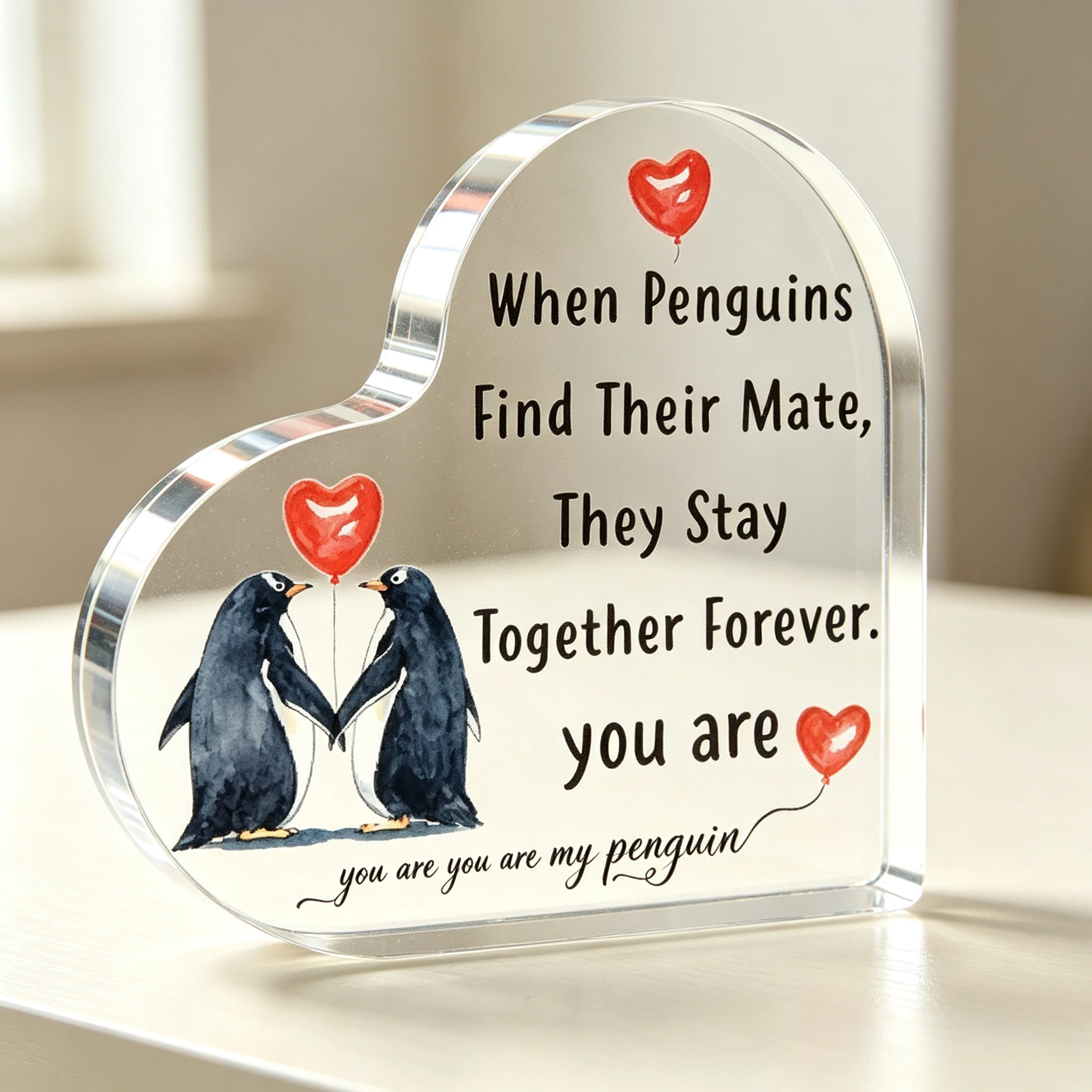 Penguin Couple With Red Heart Balloons Heart‑Shaped Acrylic Ornament, Anniversary Valentine’s Day Romantic Gift