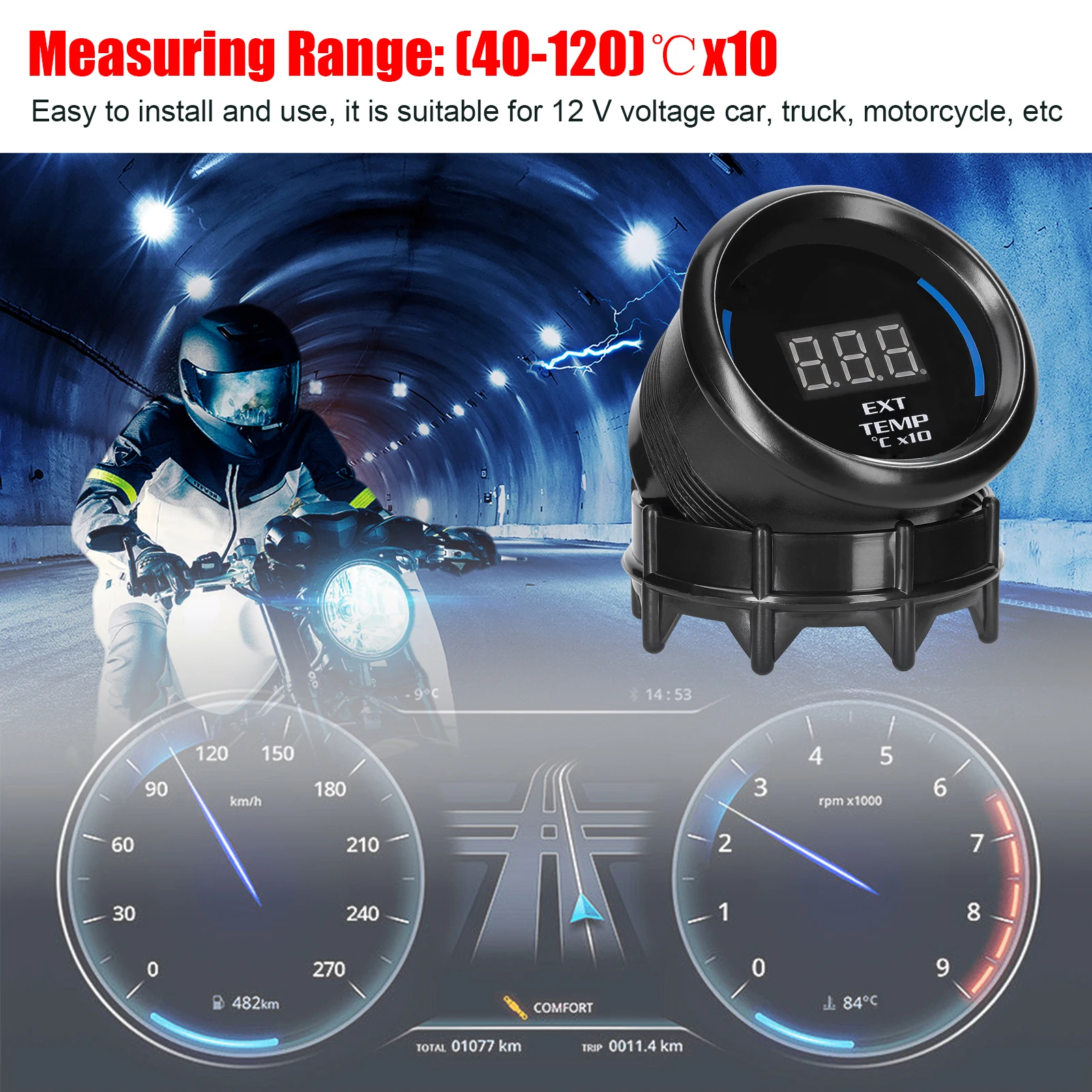 52mm Exhaust Gases Temperature Gauge Digital Car Ext Temp Meter LED Display EGT (40-120)℃x10 with Sensor Alarm Function