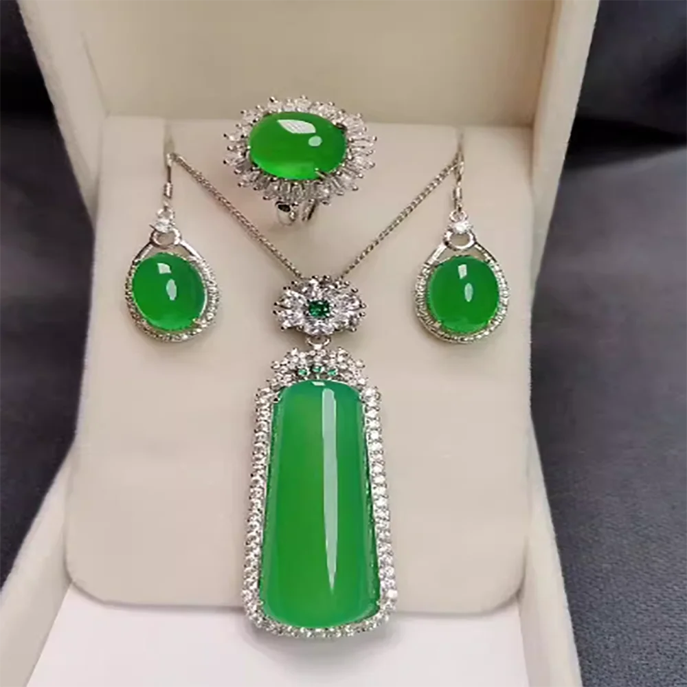 

Ice seed emperor green chalcedony agate jade color set ring earring pendant set