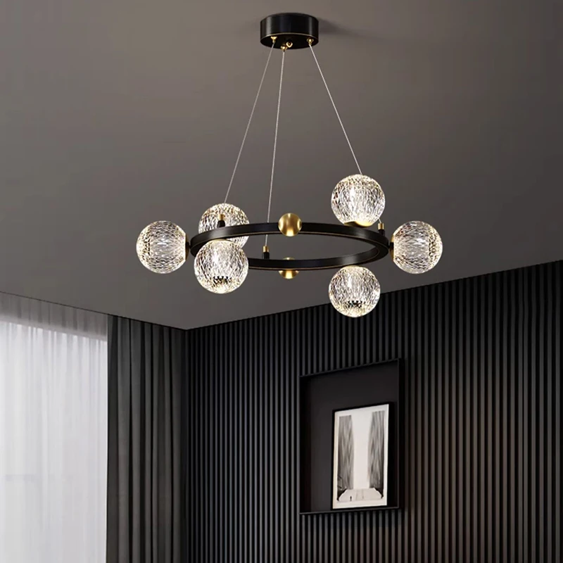Spherical Crystal Glass Pendant Light Copper Ring Ceiling Chandelier Decorative Living Room Bedroom