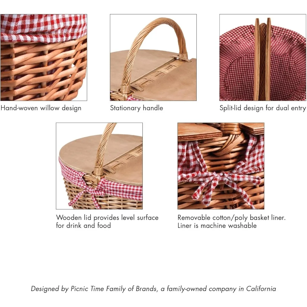 سلة نزهة كلاسيكية من الخيزران بتصميم بغطاء منفصل، وبطانة قابلة للإزالة وقابلة للغسل - هدية رومانسية مثالية للأزواج