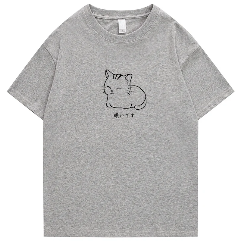 、Hip Hop T-Shirt Men Streetwear Japanese Kanji Funny Cat Printed T Shirt 2023 Men Harajuku Cotton Casual Short Sleeve Tshirt Top