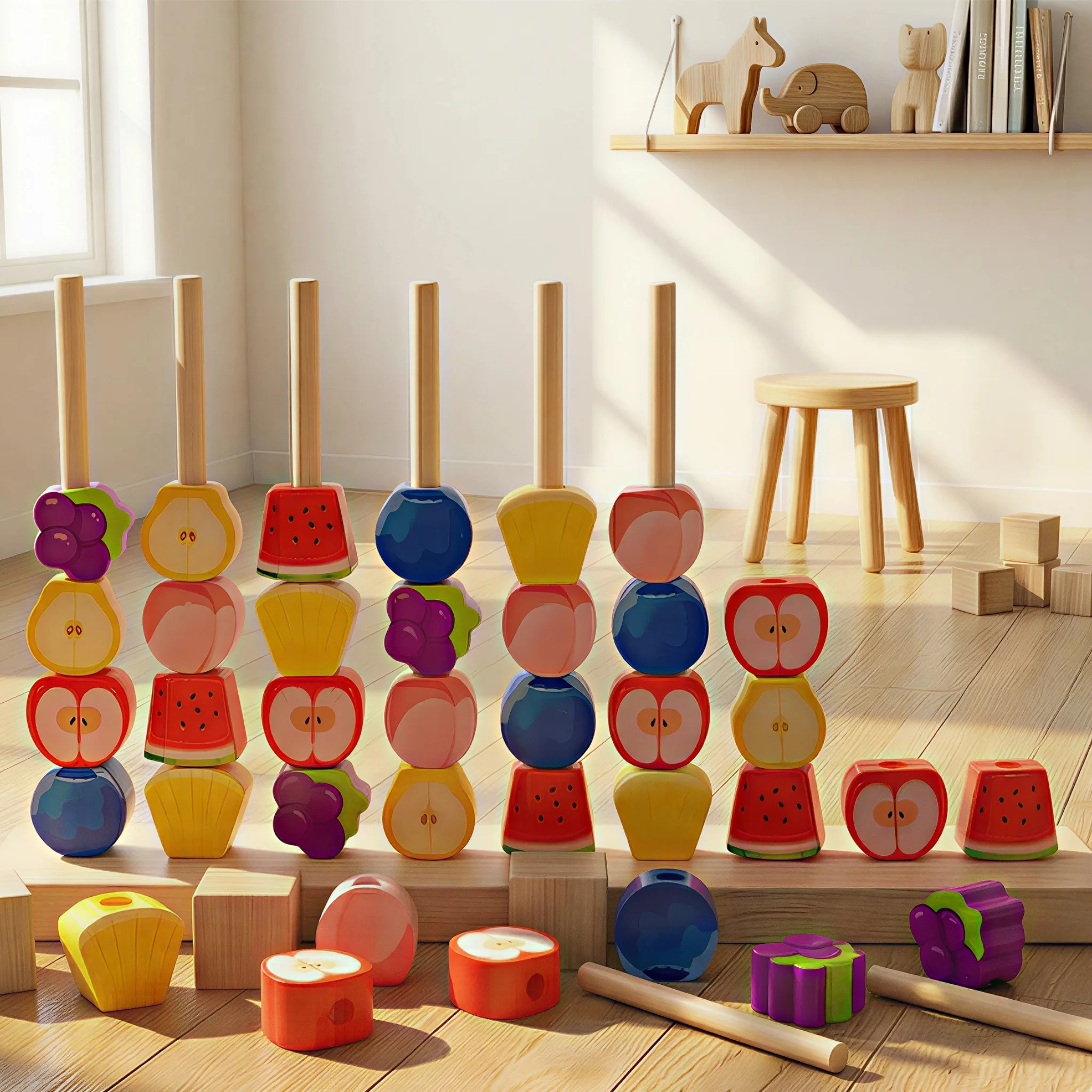 Brinquedo de empilhamento de frutas de madeira, inclui blocos de frutas fofas e de maçã, melancia, uvas e abacaxi, com uma coluna de uso duplo, para combinar com as cores