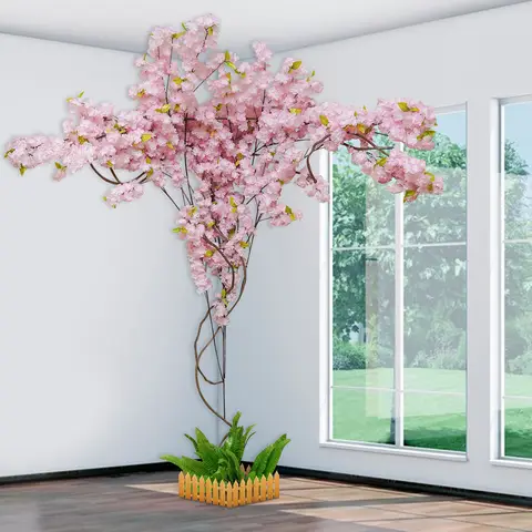Artificial Tree Set, Artificial Cherry Blossom Tree, Artificial Trees 30 Branches 3 Vines Pink Leaf DIY Decoration for Party Wedding Home