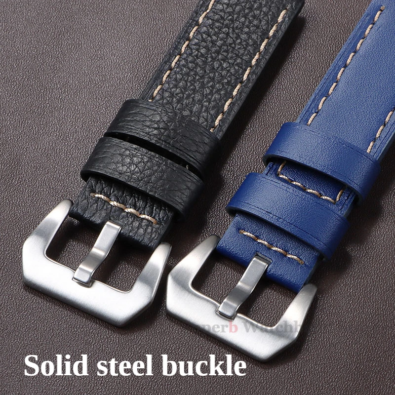 Correa de reloj de cuero de primera calidad, 20mm, 22mm, 24mm, patrón de lichi Panerai PAM, accesorios de correa de reloj de piel de vaca de repuesto