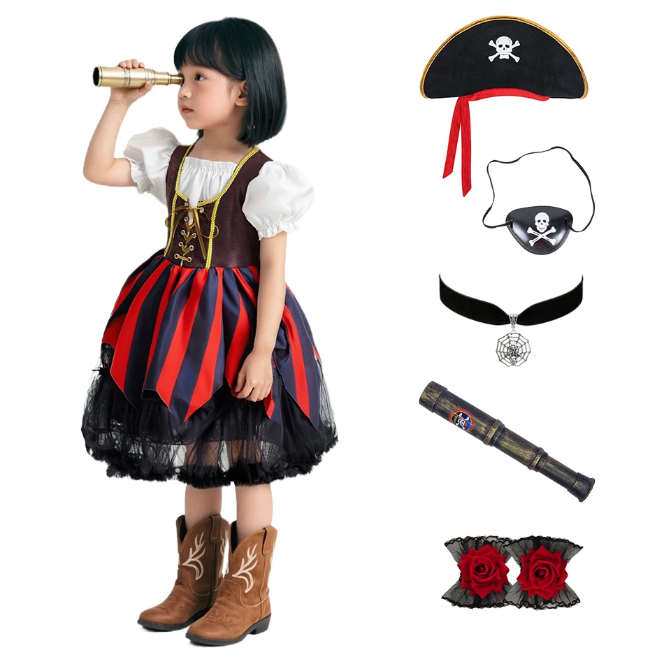 

Платье для косплея пирата на Хэллоуин для девочек, карнавальная вечеринка, пиратский костюм для ролевых игр с платком, детская одежда для выступлений на сцене